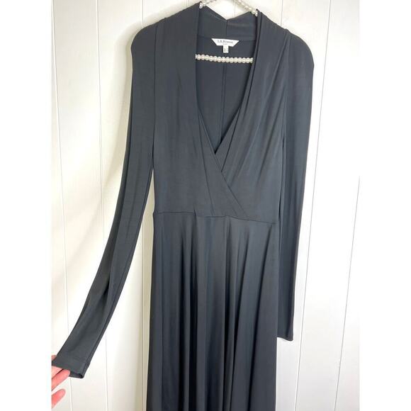 L.K.Bennett London Black Faux Wrap Asymmetrical Hem Long Sleeve Midi Dress SZ 10 - Picture 4 of 9